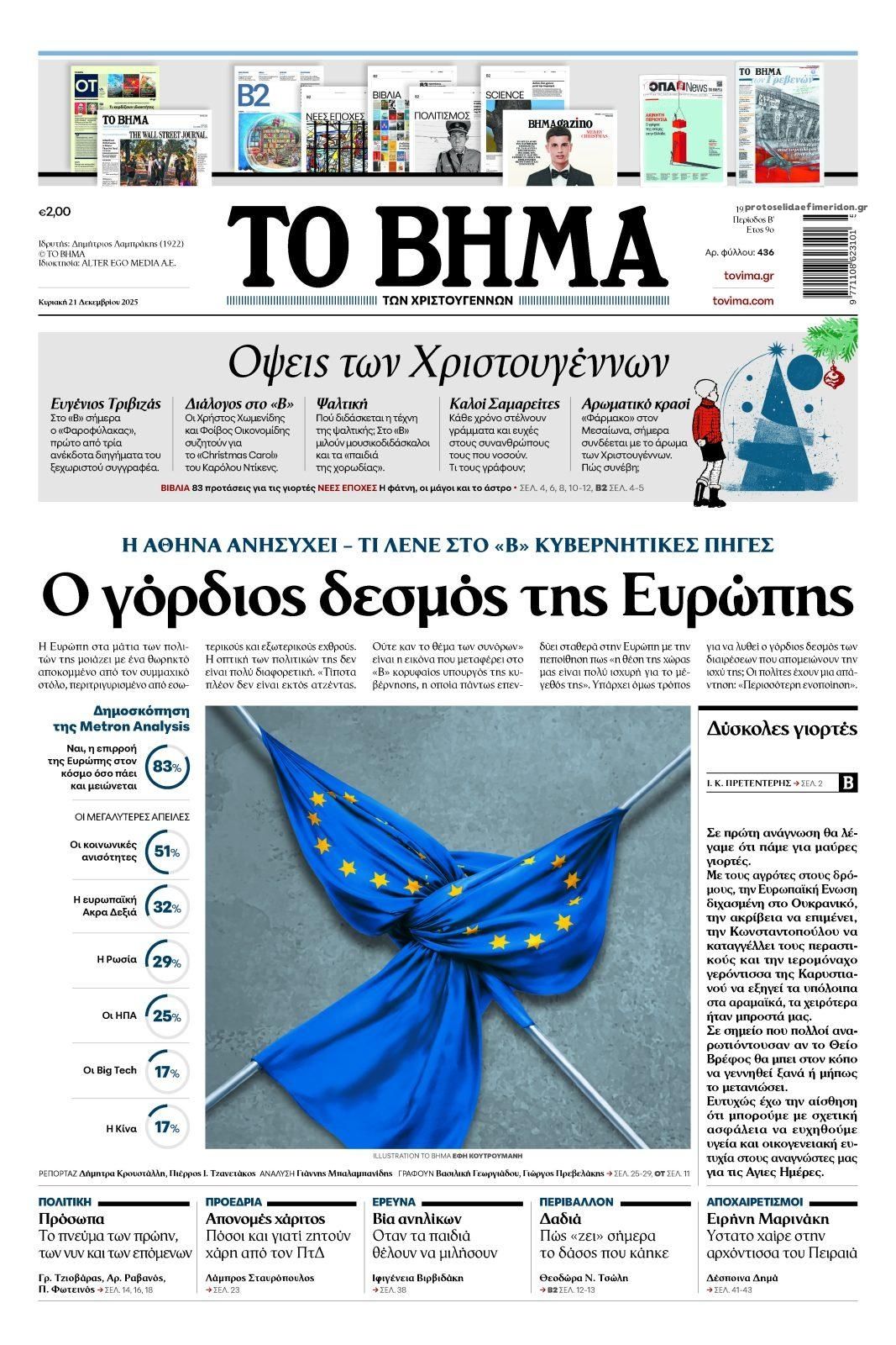 Πρωτοσέλιδο εφημερίδας Το Βήμα της Κυριακής