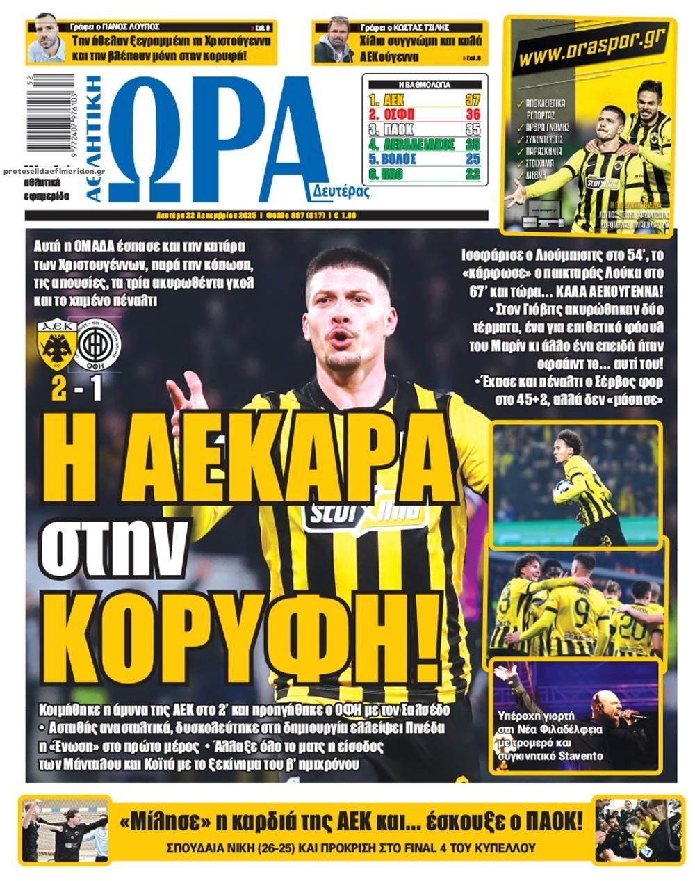 Πρωτοσέλιδο εφημερίδας Η ώρα των Σπορ