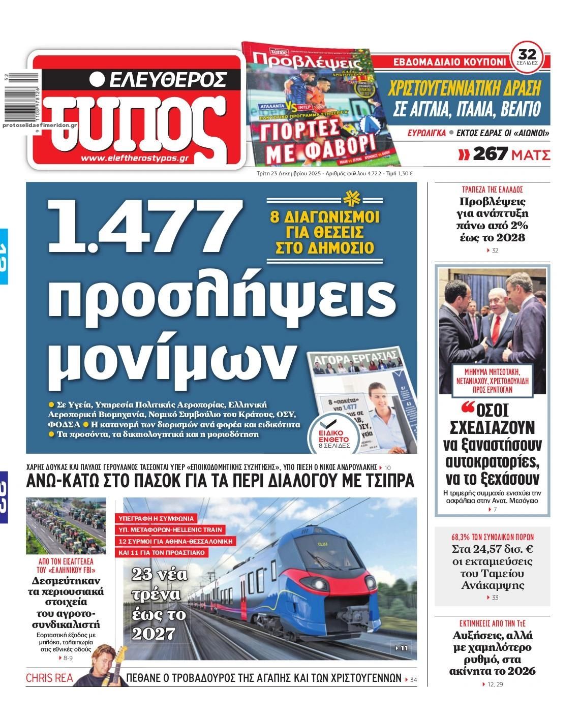 Πρωτοσέλιδο εφημερίδας Ελεύθερος Τύπος