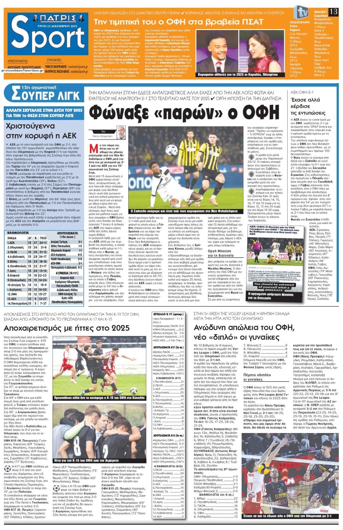 Πρωτοσέλιδο εφημερίδας Πατρίς Σπορ