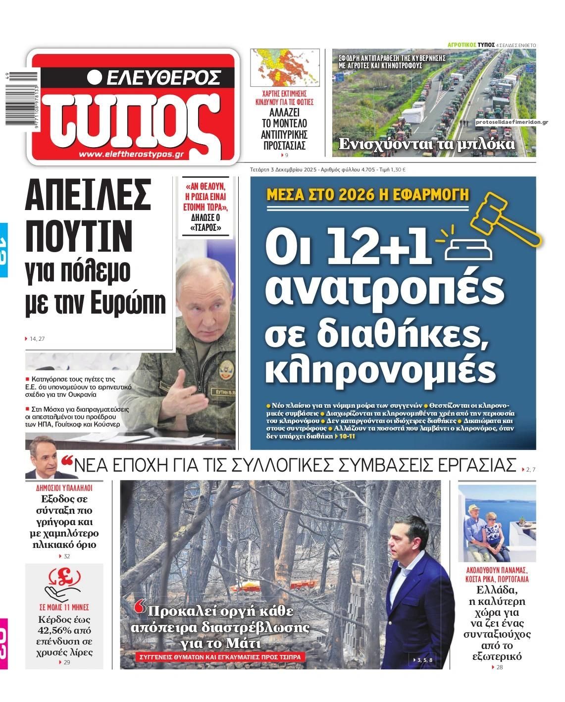 Πρωτοσέλιδο εφημερίδας Ελεύθερος Τύπος