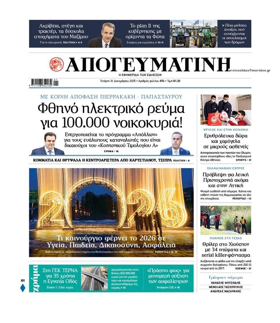 Πρωτοσέλιδο εφημερίδας Απογευματινή