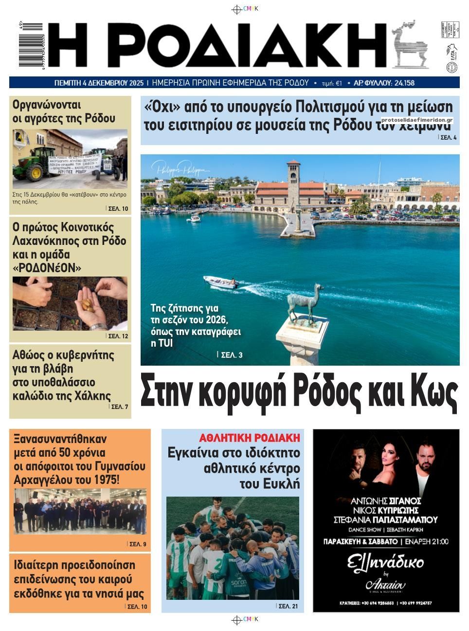 Πρωτοσέλιδο εφημερίδας Ροδιακή