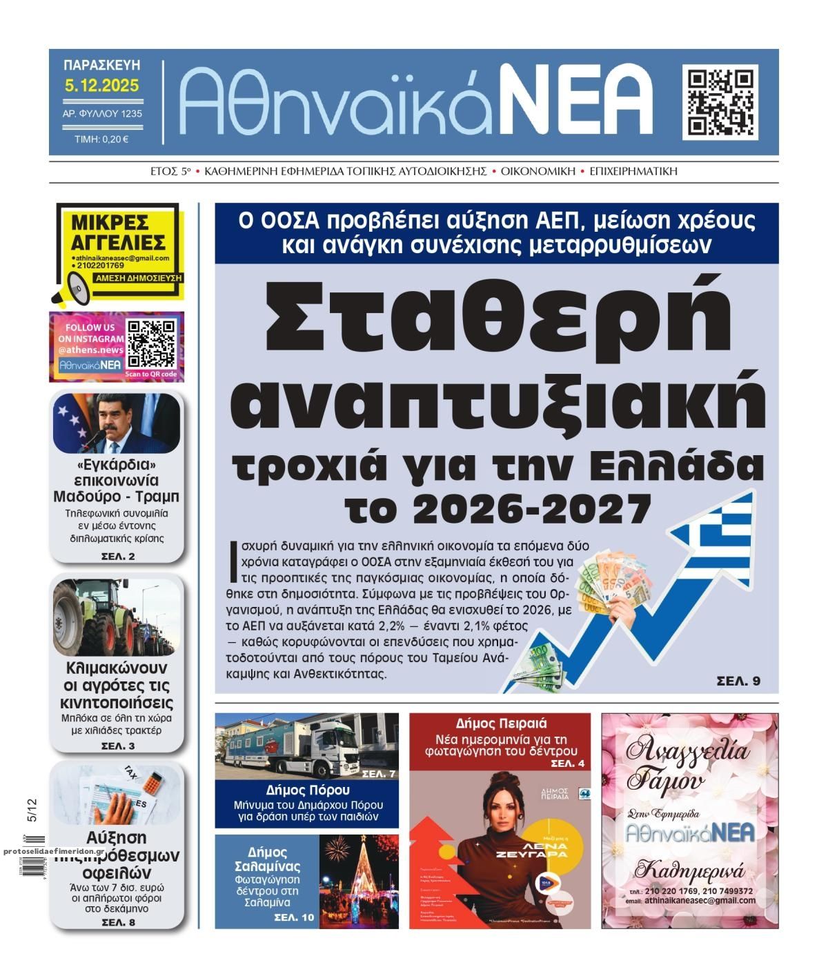 Πρωτοσέλιδο εφημερίδας Αθηναϊκά Νέα