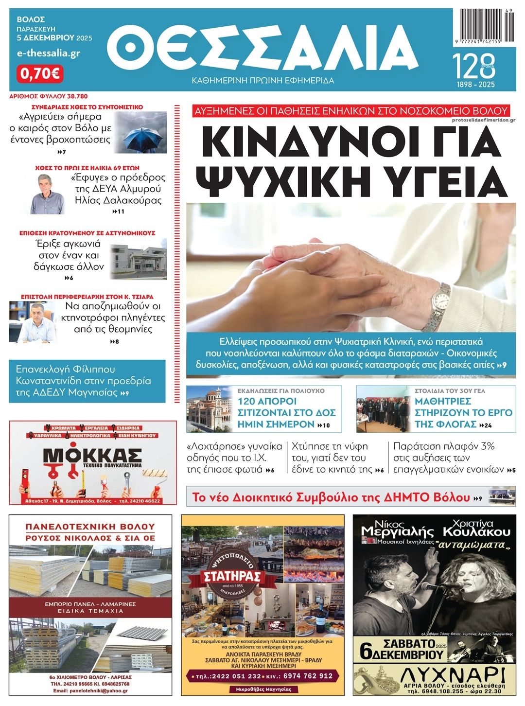 Πρωτοσέλιδο εφημερίδας Θεσσαλία