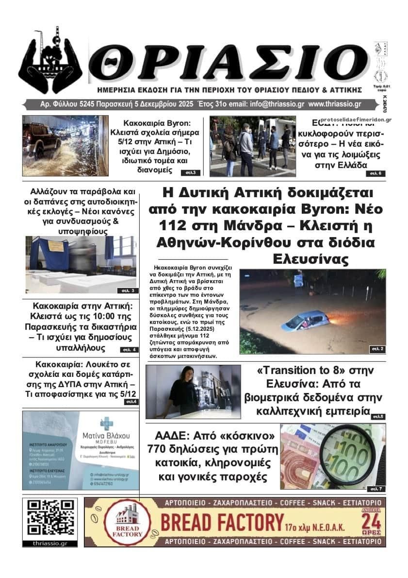 Πρωτοσέλιδο εφημερίδας Θριάσιο