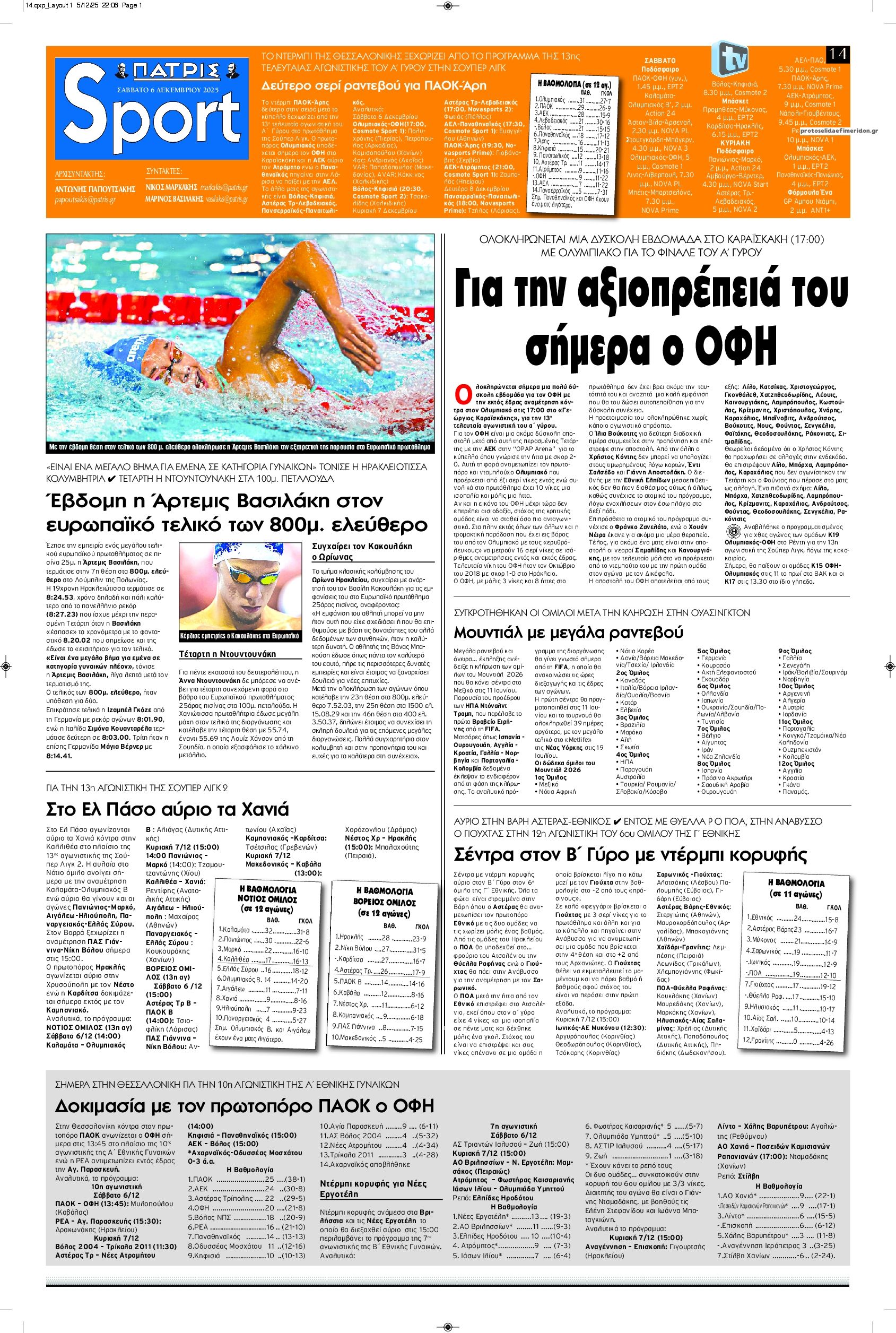 Πρωτοσέλιδο εφημερίδας Πατρίς Σπορ