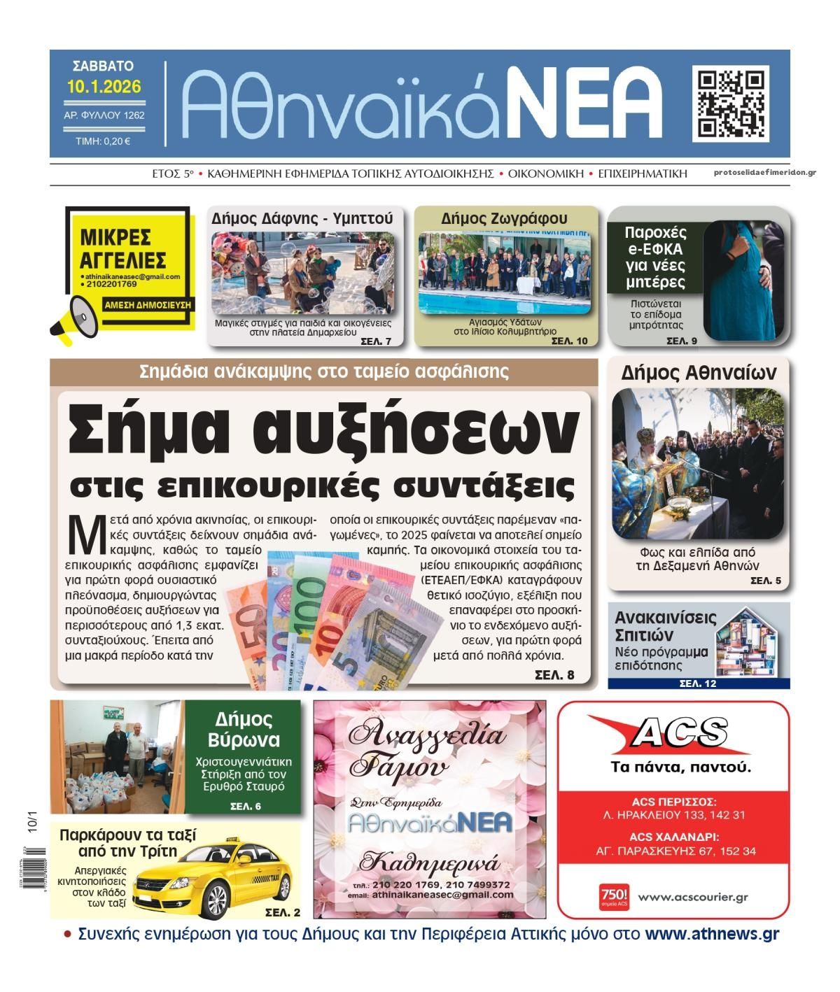 Πρωτοσέλιδο εφημερίδας Αθηναϊκά Νέα