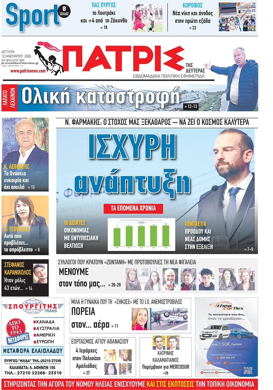 Πρωτοσέλιδο εφημερίδας Πατρις Ηλείας