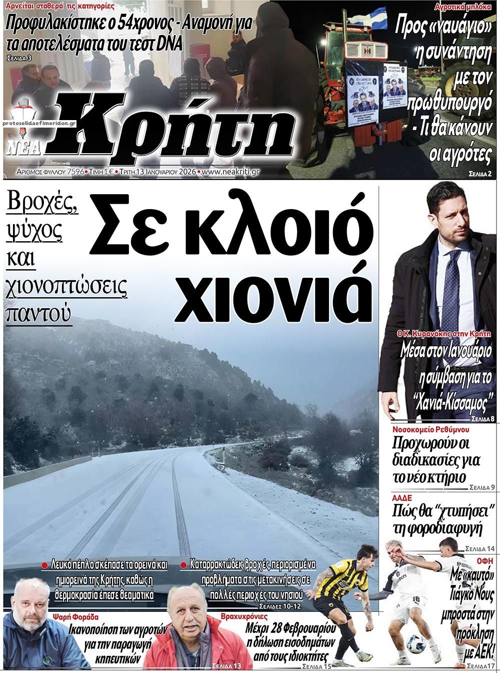 Πρωτοσέλιδο εφημερίδας Νέα Κρήτη