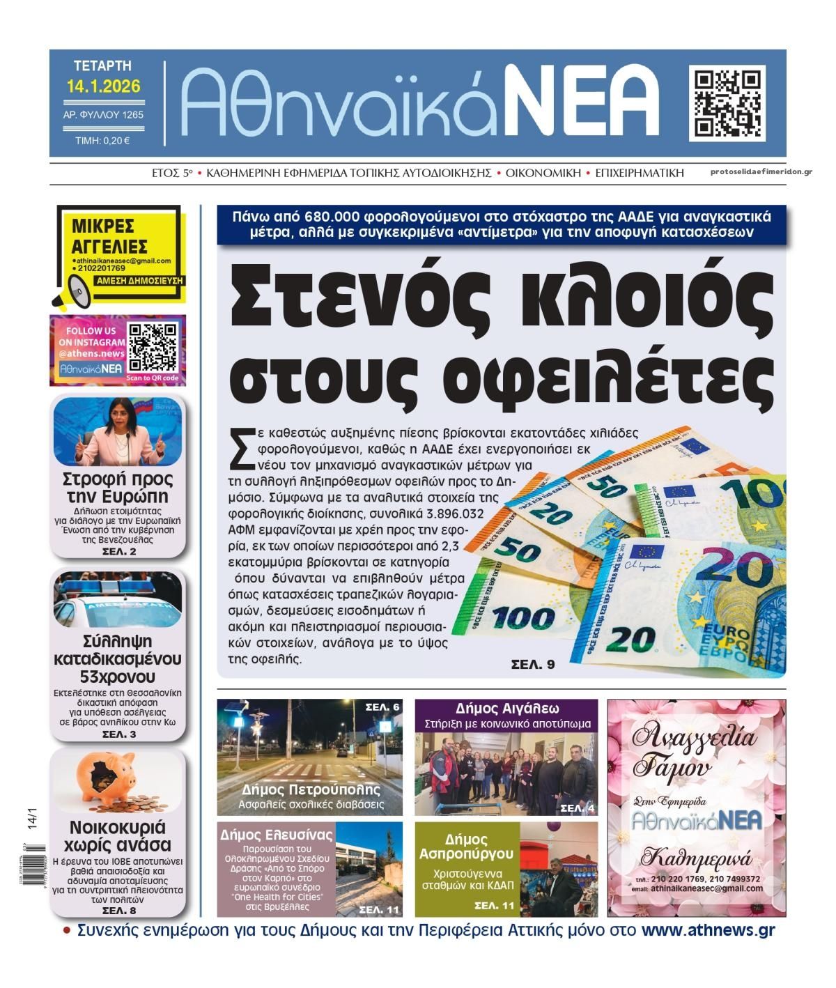 Πρωτοσέλιδο εφημερίδας Αθηναϊκά Νέα