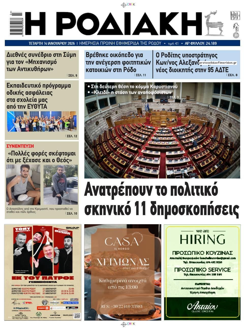 Πρωτοσέλιδο εφημερίδας Ροδιακή