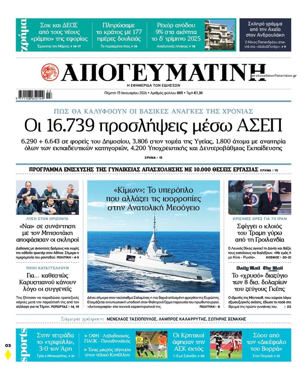 Πρωτοσέλιδο εφημερίδας Απογευματινή