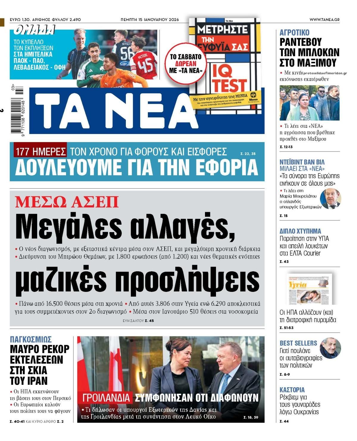 Πρωτοσέλιδο εφημερίδας Τα Νέα