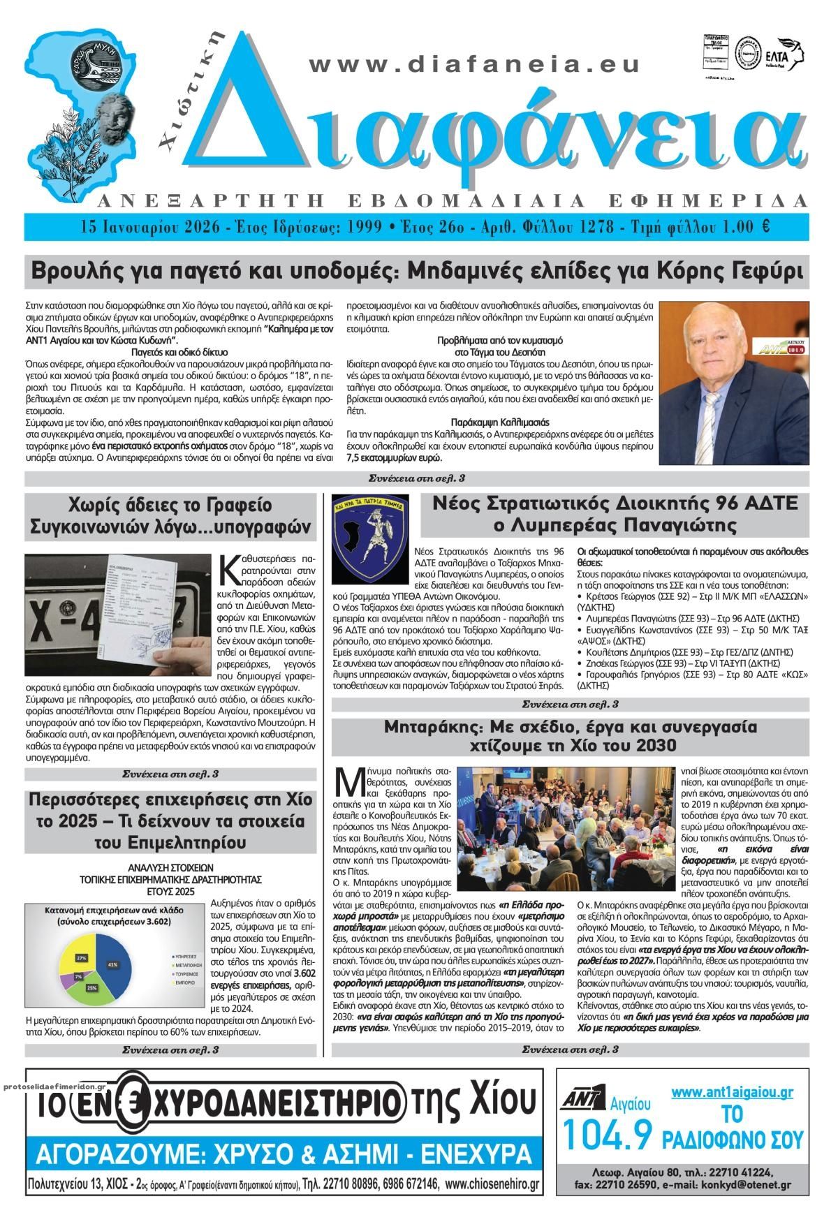 Πρωτοσέλιδο εφημερίδας Χιώτικη Διαφάνεια