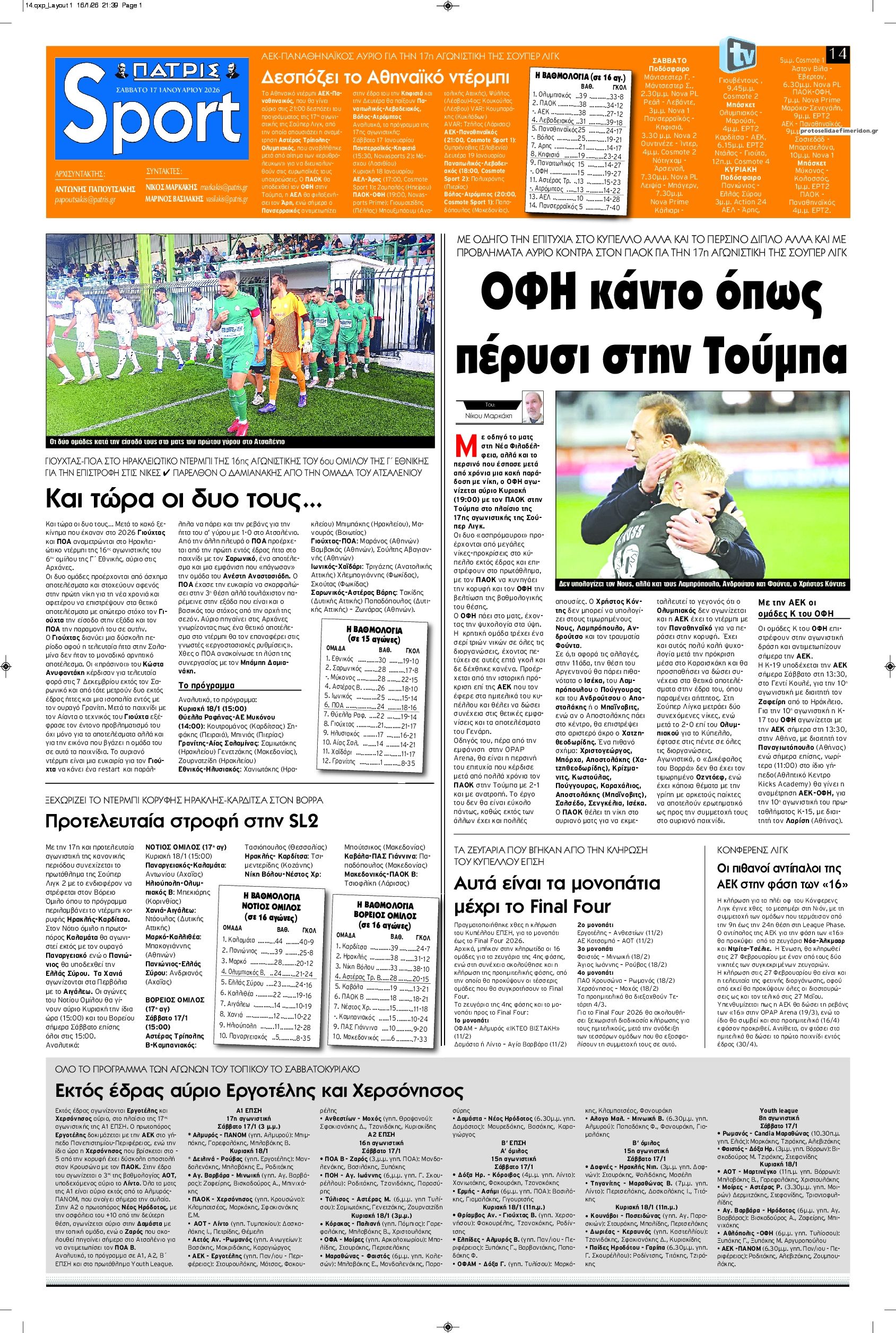 Πρωτοσέλιδο εφημερίδας Πατρίς Σπορ