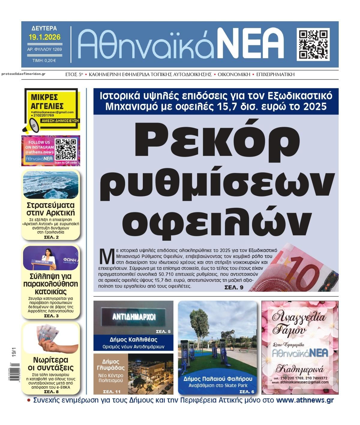 Πρωτοσέλιδο εφημερίδας Αθηναϊκά Νέα