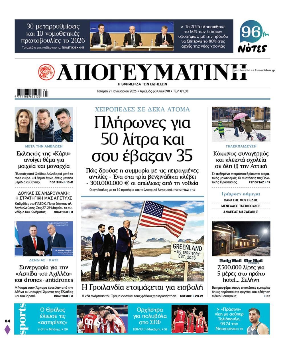 Πρωτοσέλιδο εφημερίδας Απογευματινή