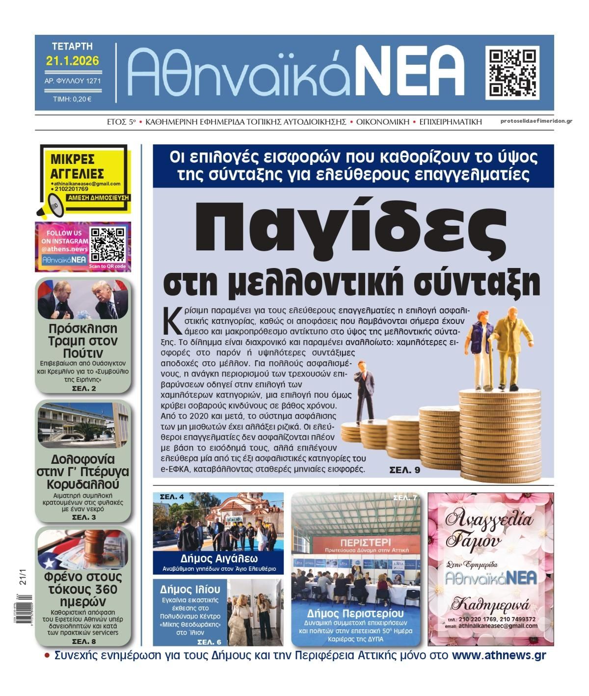 Πρωτοσέλιδο εφημερίδας Αθηναϊκά Νέα