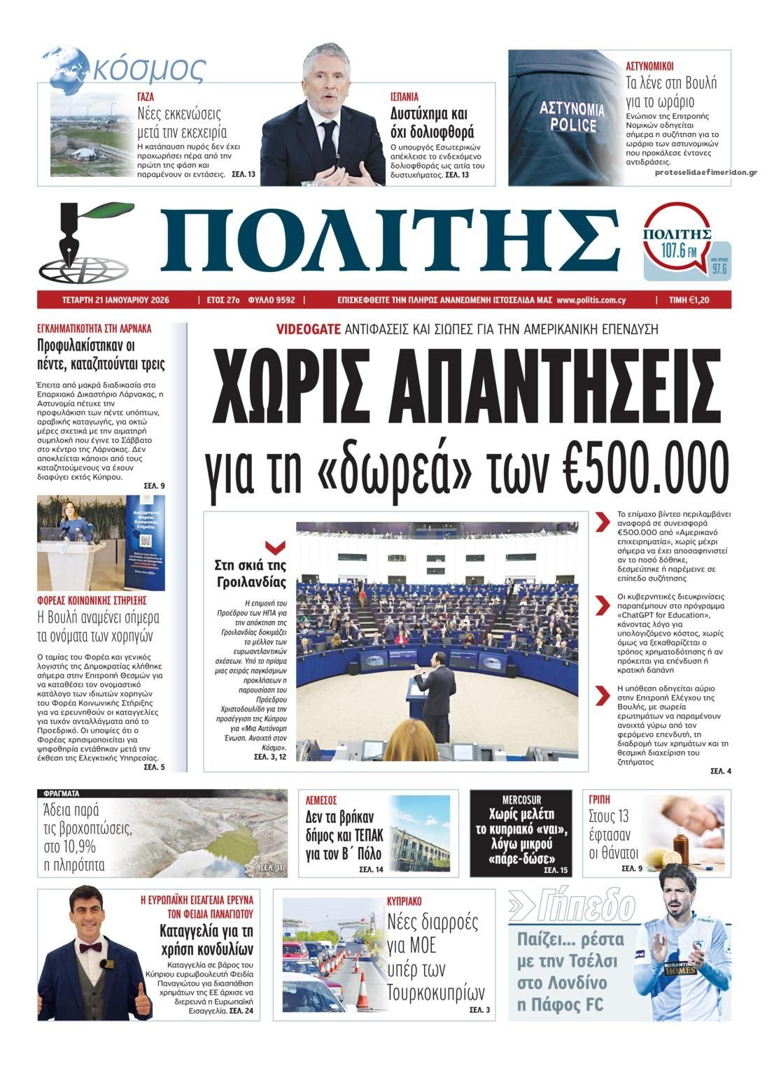 Πρωτοσέλιδο εφημερίδας Πολίτης Κύπρου