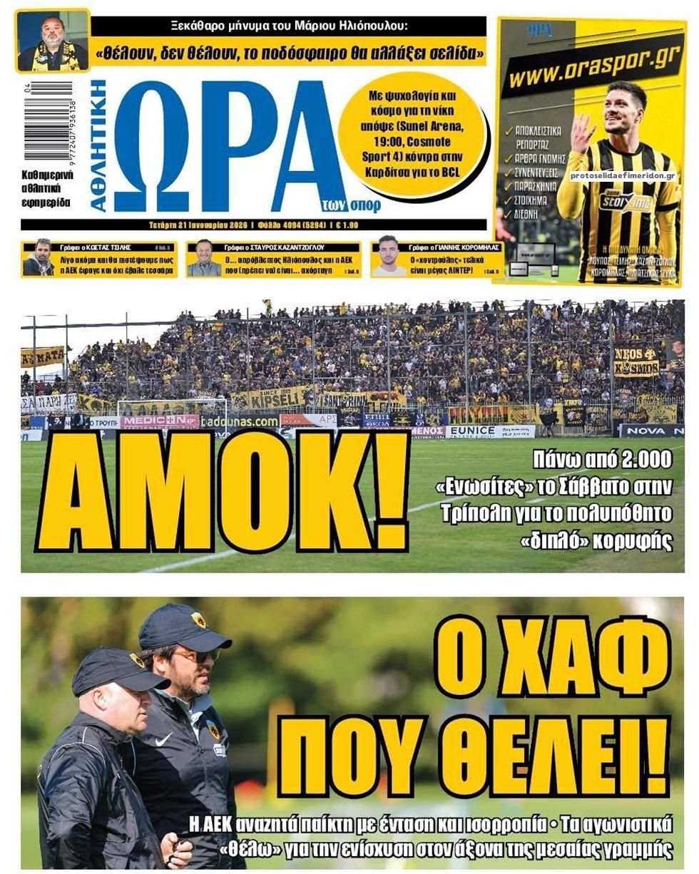 Πρωτοσέλιδο εφημερίδας Η ώρα των Σπορ