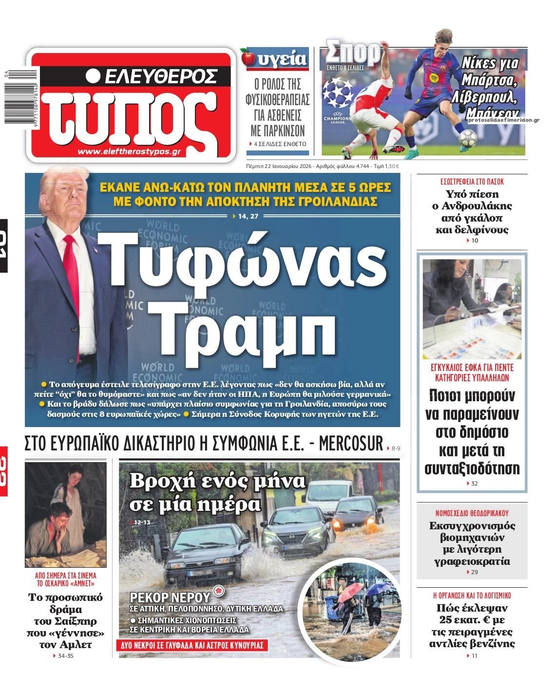 Πρωτοσέλιδο εφημερίδας Ελεύθερος Τύπος