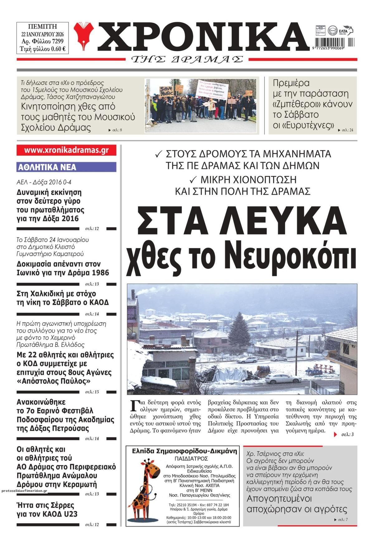 Πρωτοσέλιδο εφημερίδας Χρονικά Δράμας