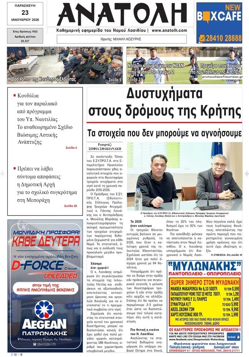 Πρωτοσέλιδο εφημερίδας Ανατολή