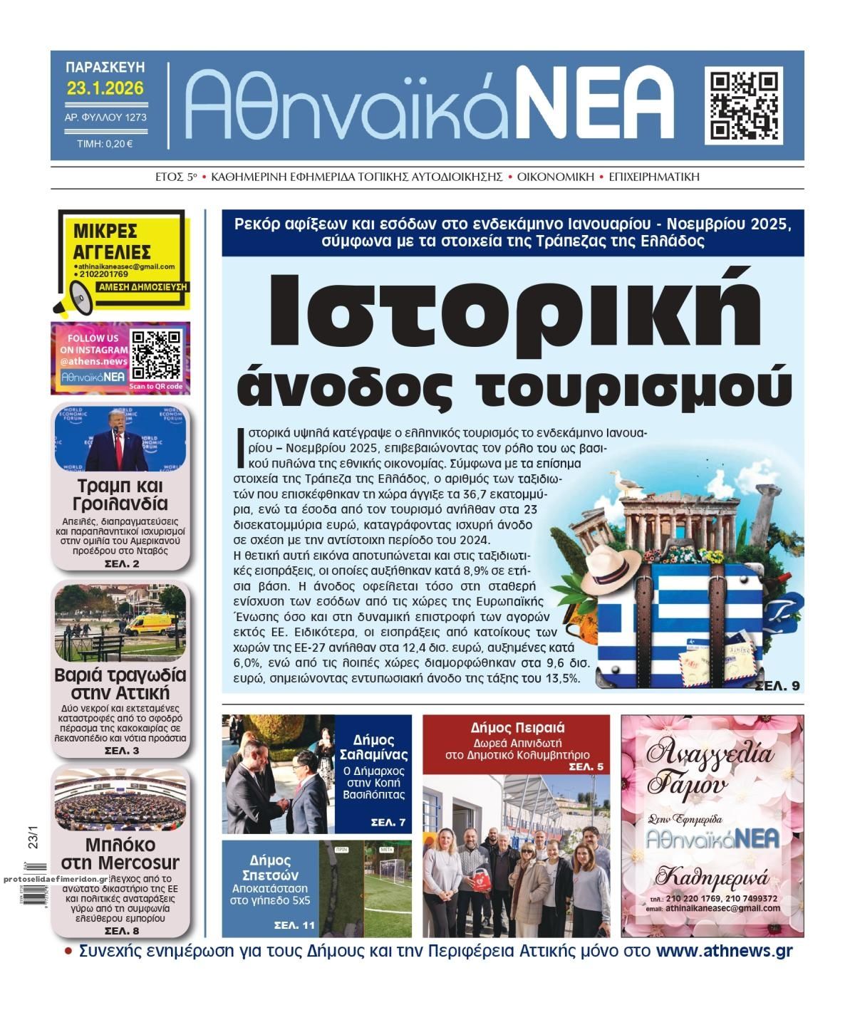 Πρωτοσέλιδο εφημερίδας Αθηναϊκά Νέα