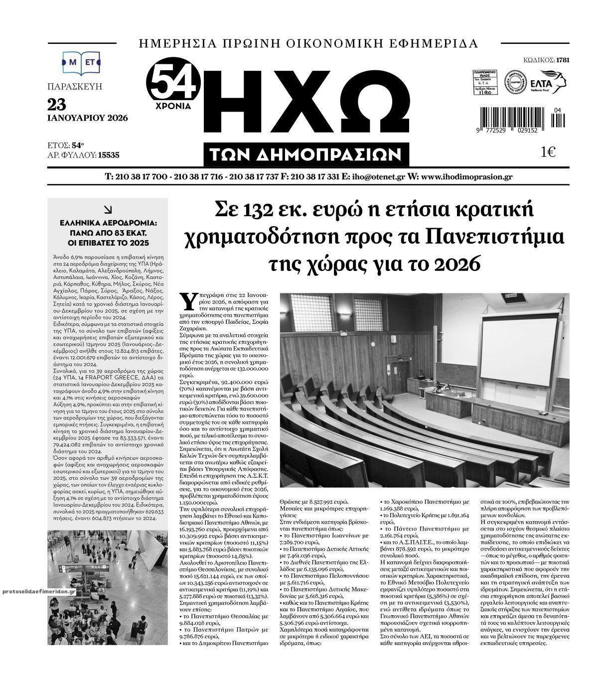 Πρωτοσέλιδο εφημερίδας Ηχώ