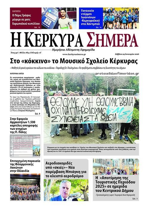 Πρωτοσέλιδο εφημερίδας Η Κέρκυρα Σήμερα