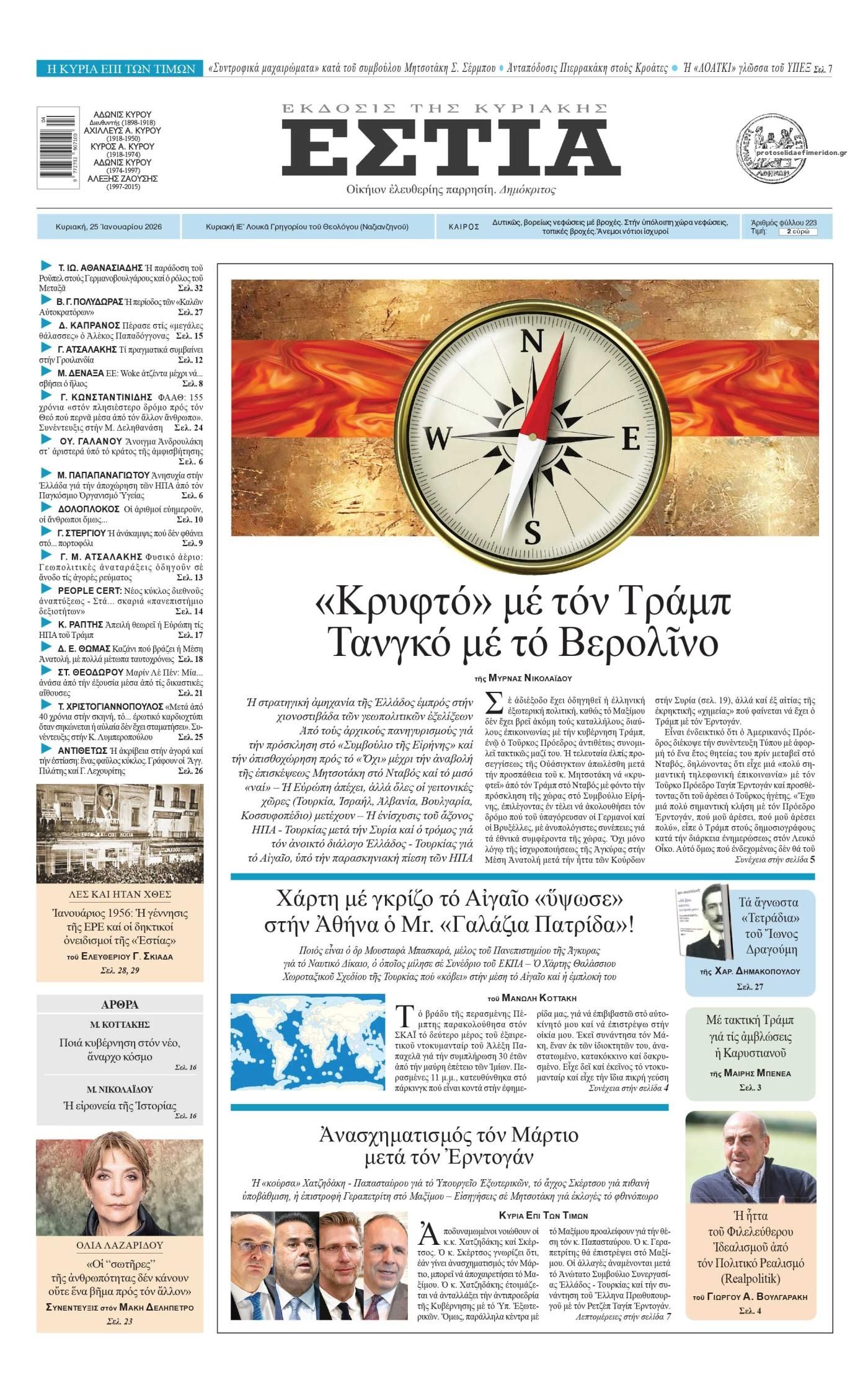 Πρωτοσέλιδο εφημερίδας Εστία