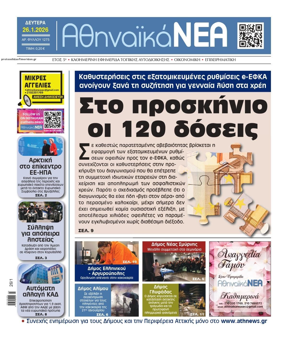 Πρωτοσέλιδο εφημερίδας Αθηναϊκά Νέα