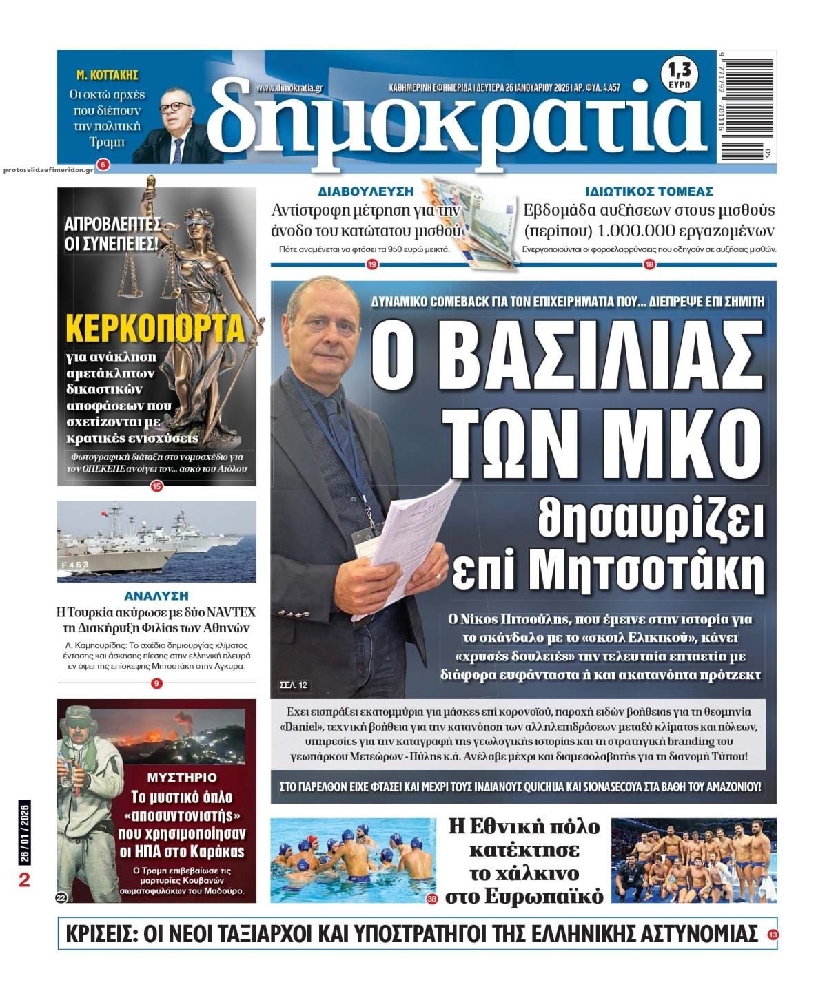 Πρωτοσέλιδο εφημερίδας Δημοκρατία