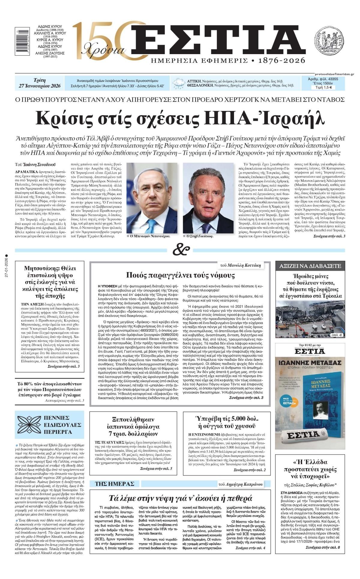 Πρωτοσέλιδο εφημερίδας Εστία