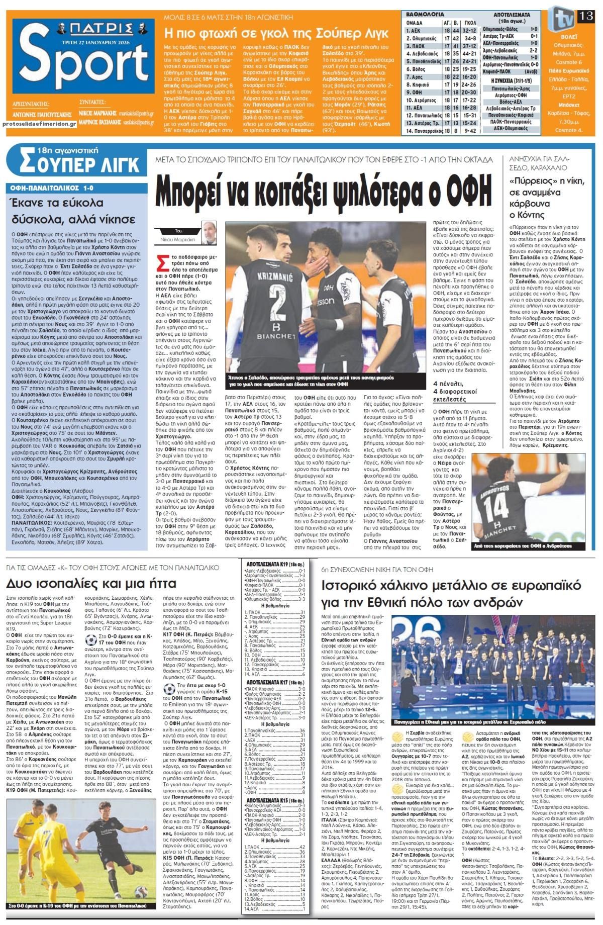 Πρωτοσέλιδο εφημερίδας Πατρίς Σπορ