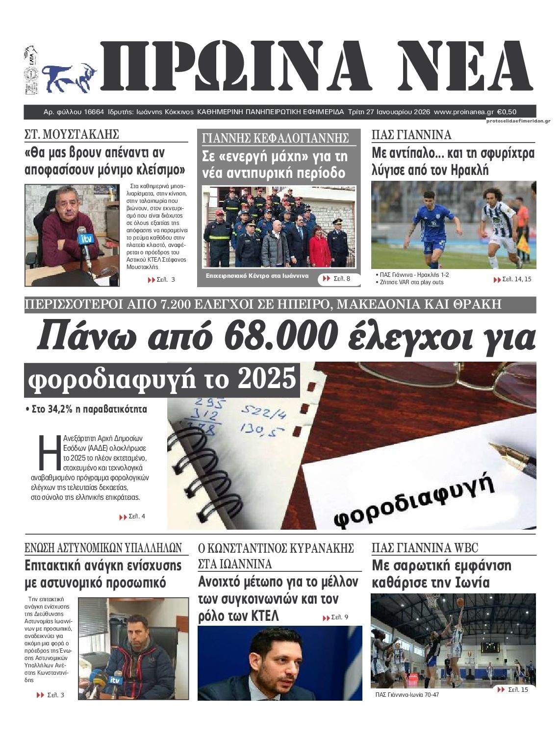 Πρωτοσέλιδο εφημερίδας Πρωινά Νέα Ιωαννίνων