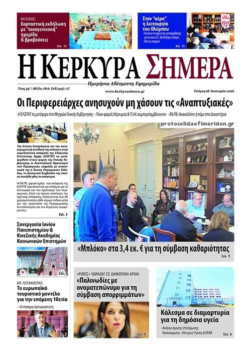 Πρωτοσέλιδο εφημερίδας Η Κέρκυρα Σήμερα