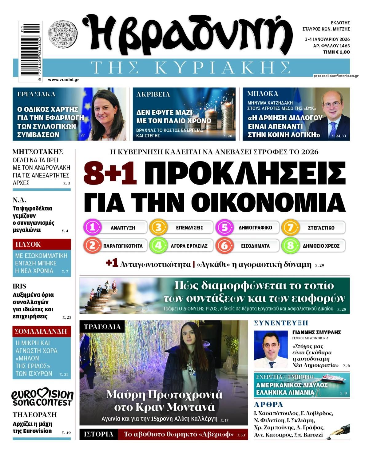 Πρωτοσέλιδο εφημερίδας Βραδυνή Κ.