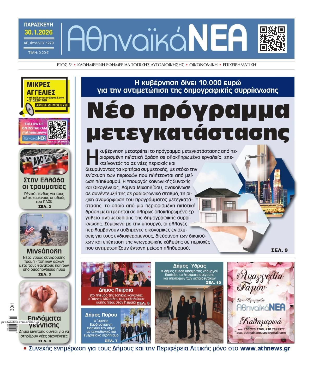 Πρωτοσέλιδο εφημερίδας Αθηναϊκά Νέα