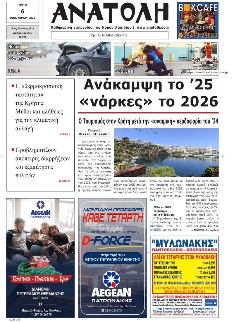 Πρωτοσέλιδο εφημερίδας Ανατολή