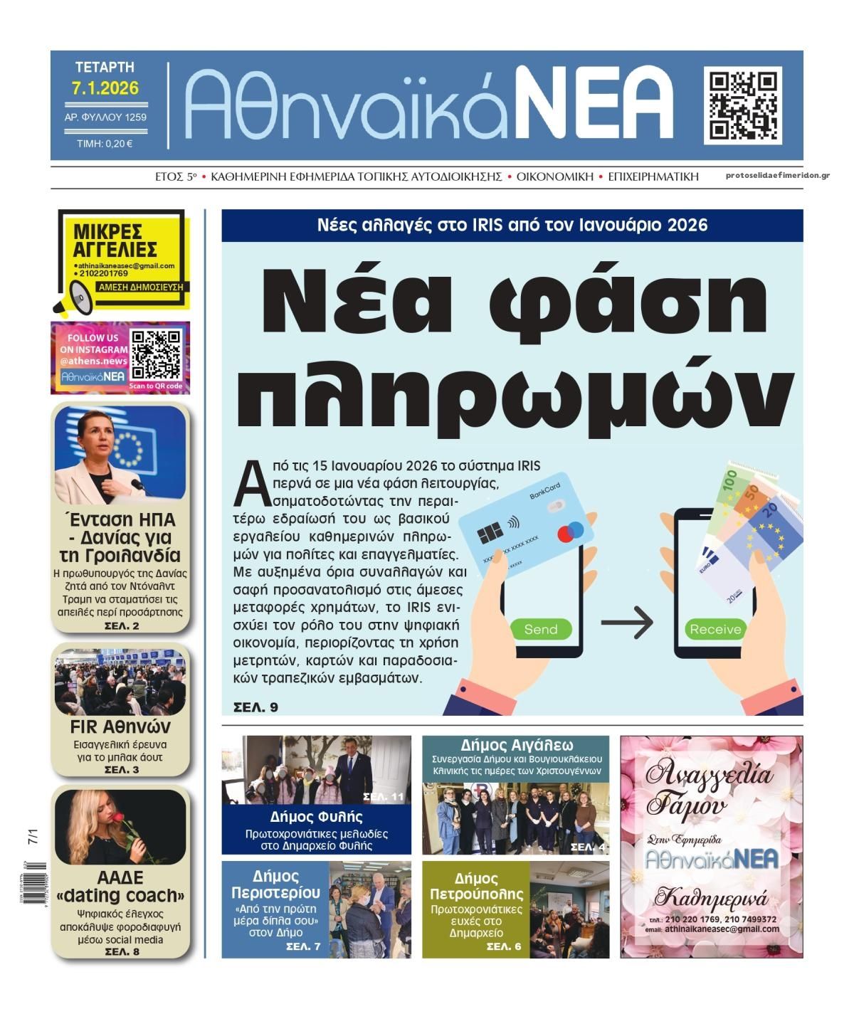 Πρωτοσέλιδο εφημερίδας Αθηναϊκά Νέα