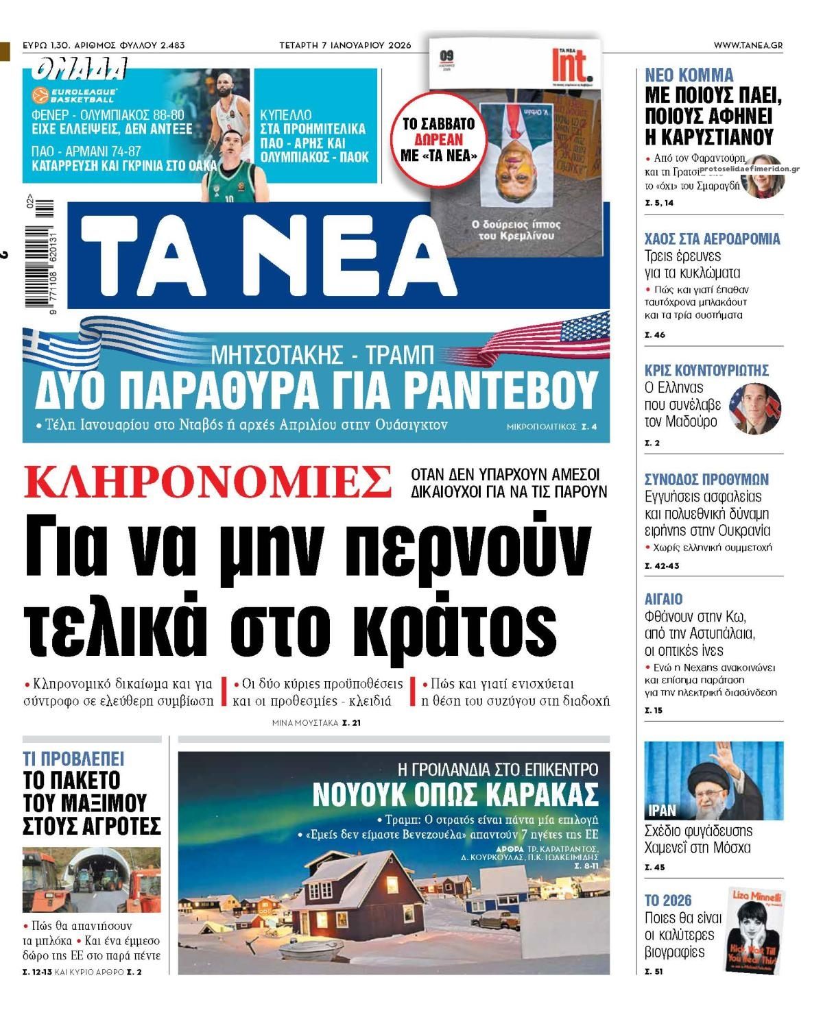 Πρωτοσέλιδο εφημερίδας Τα Νέα
