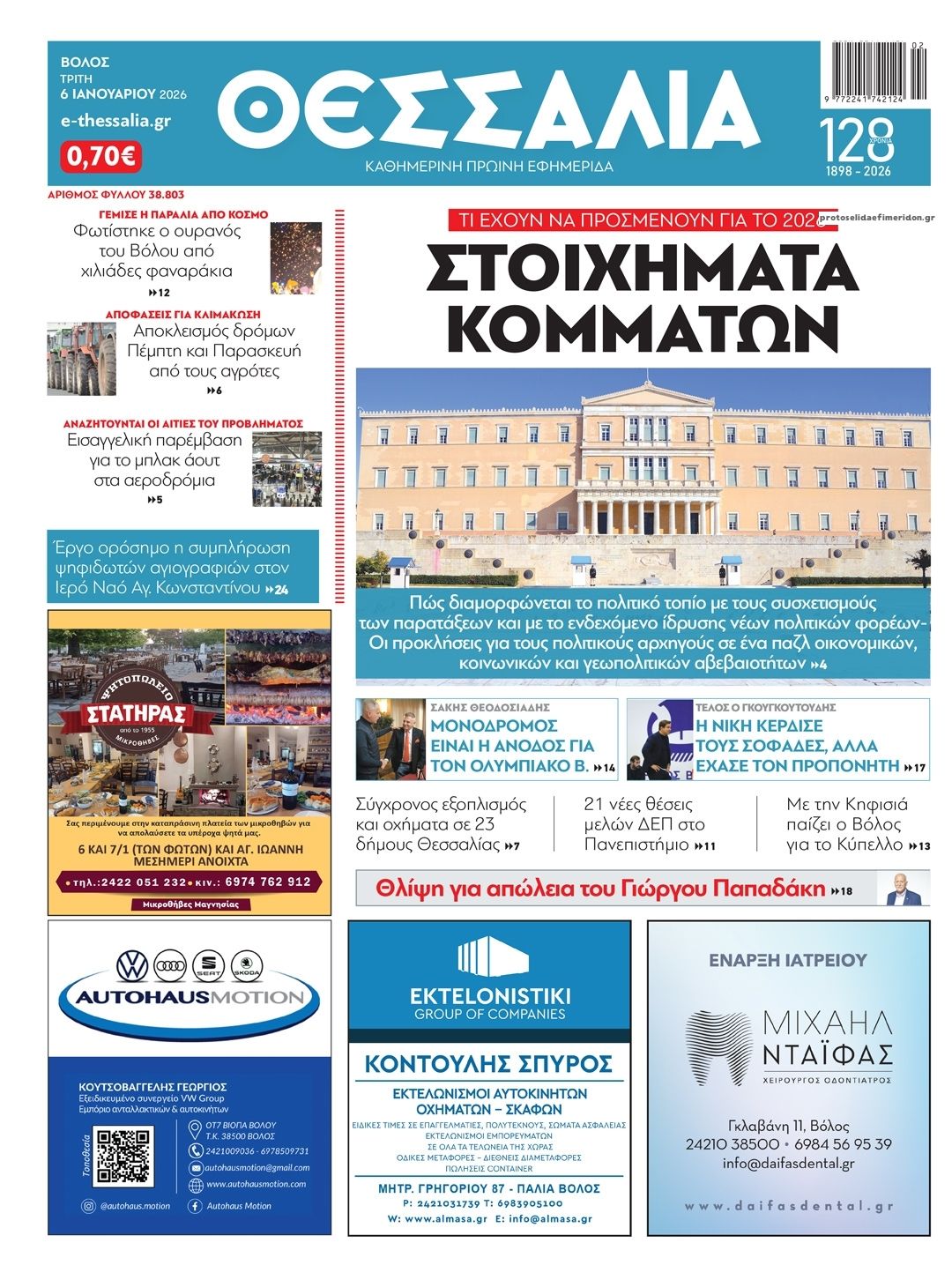 Πρωτοσέλιδο εφημερίδας Θεσσαλία