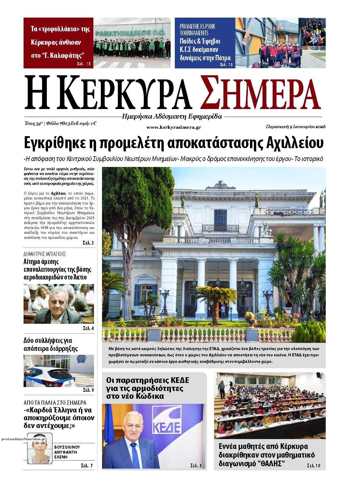 Πρωτοσέλιδο εφημερίδας Η Κέρκυρα Σήμερα