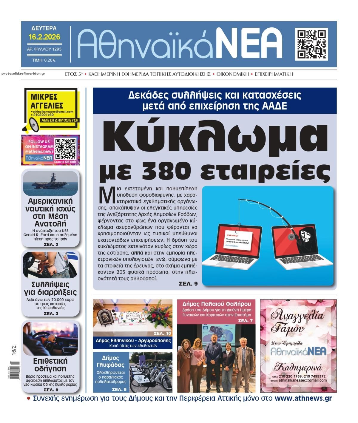 Πρωτοσέλιδο εφημερίδας Αθηναϊκά Νέα