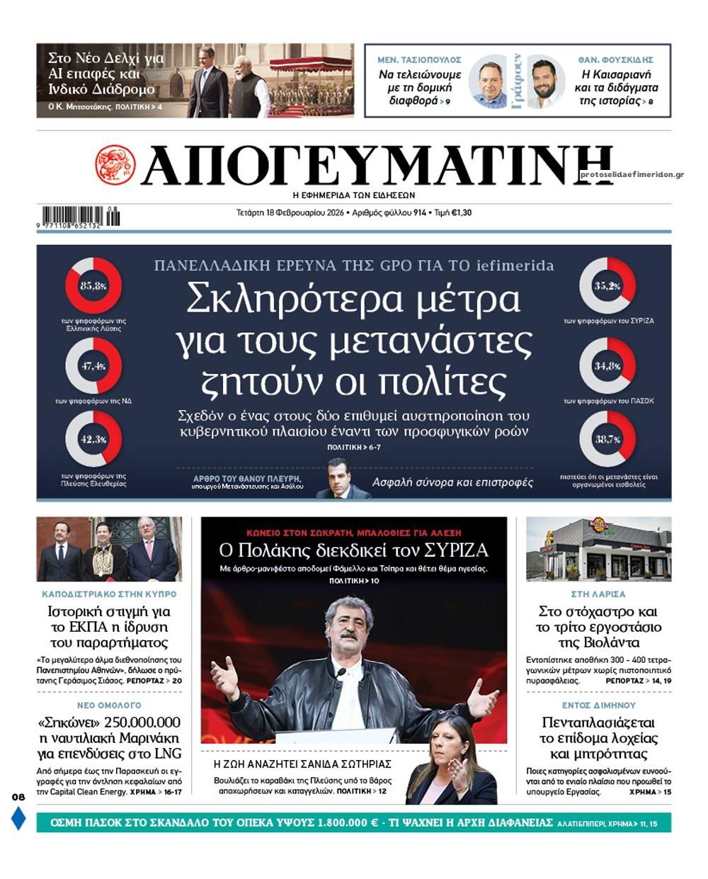 Πρωτοσέλιδο εφημερίδας Απογευματινή