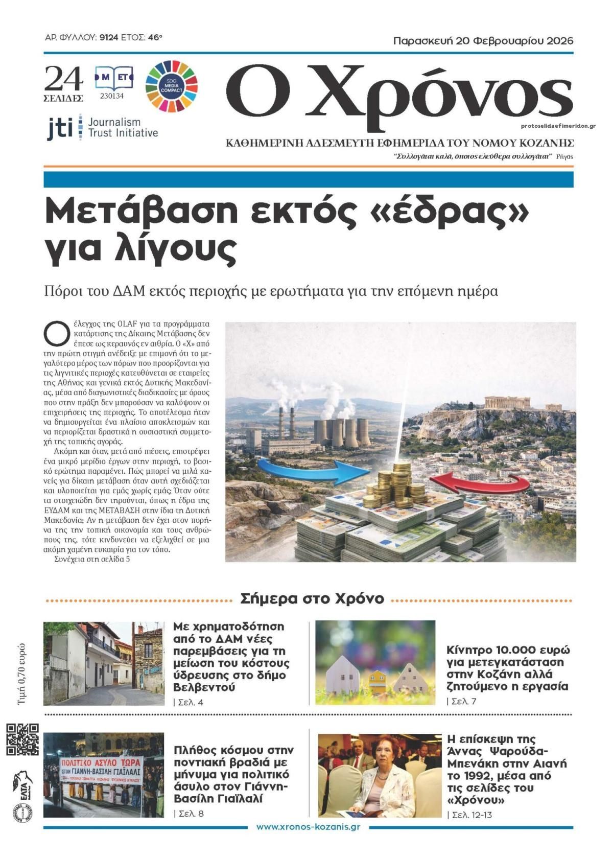 Πρωτοσέλιδο εφημερίδας Ο Χρόνος Κοζάνης