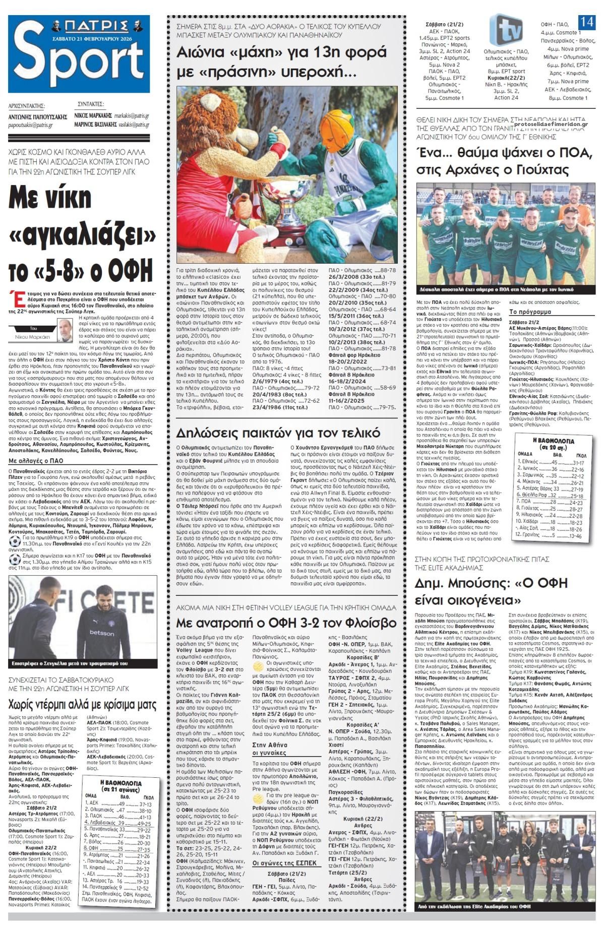 Πρωτοσέλιδο εφημερίδας Πατρίς Σπορ