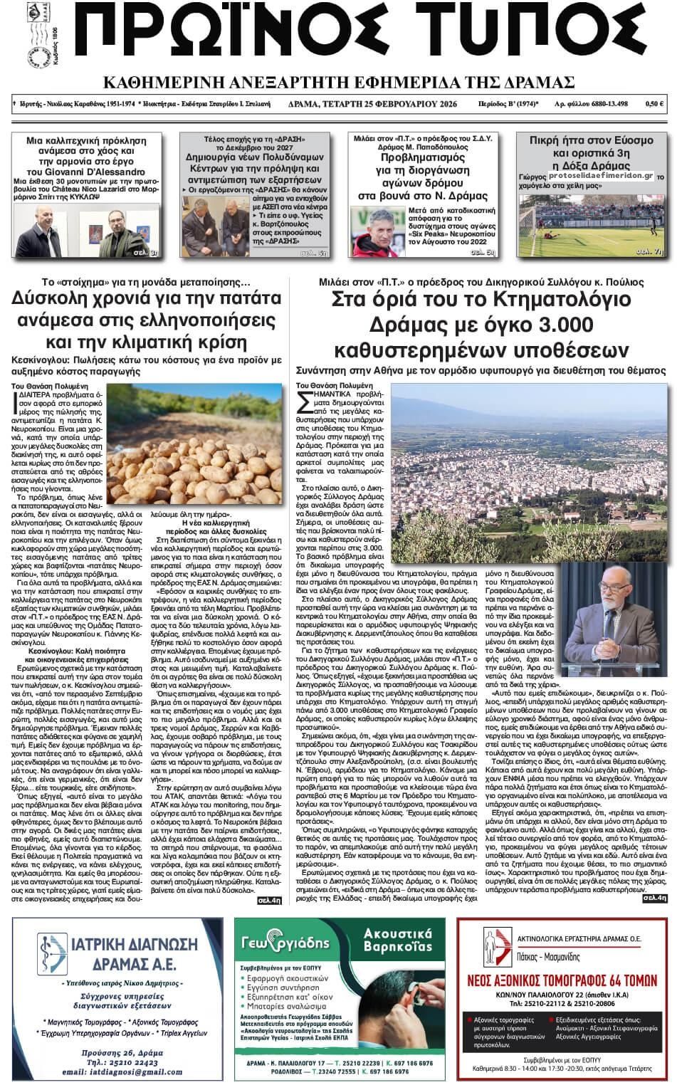 Πρωτοσέλιδο εφημερίδας Πρωινός Τύπος Δρ.